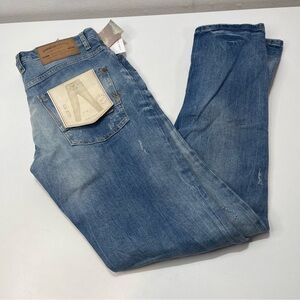 Zara Men 32 Slim Fit Button Fly Distressed Light Wash Blue Denim Jeans NWT